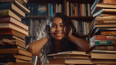 Buy stock photo Happy, books and study with girl in library for knowledge, happiness and fairytale. Ai generated, education and studying with excited kid and reading for fantasy, learning and child development