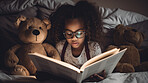 Night, books and reading with girl in bedroom for storytelling, learning and relax. Ai generated, bedtime and teddy bear with black kid and fairytale at home for fantasy, education and development