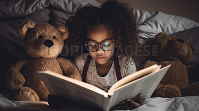 Night, books and reading with girl in bedroom for storytelling, learning and relax. Ai generated, bedtime and teddy bear with black kid and fairytale at home for fantasy, education and development