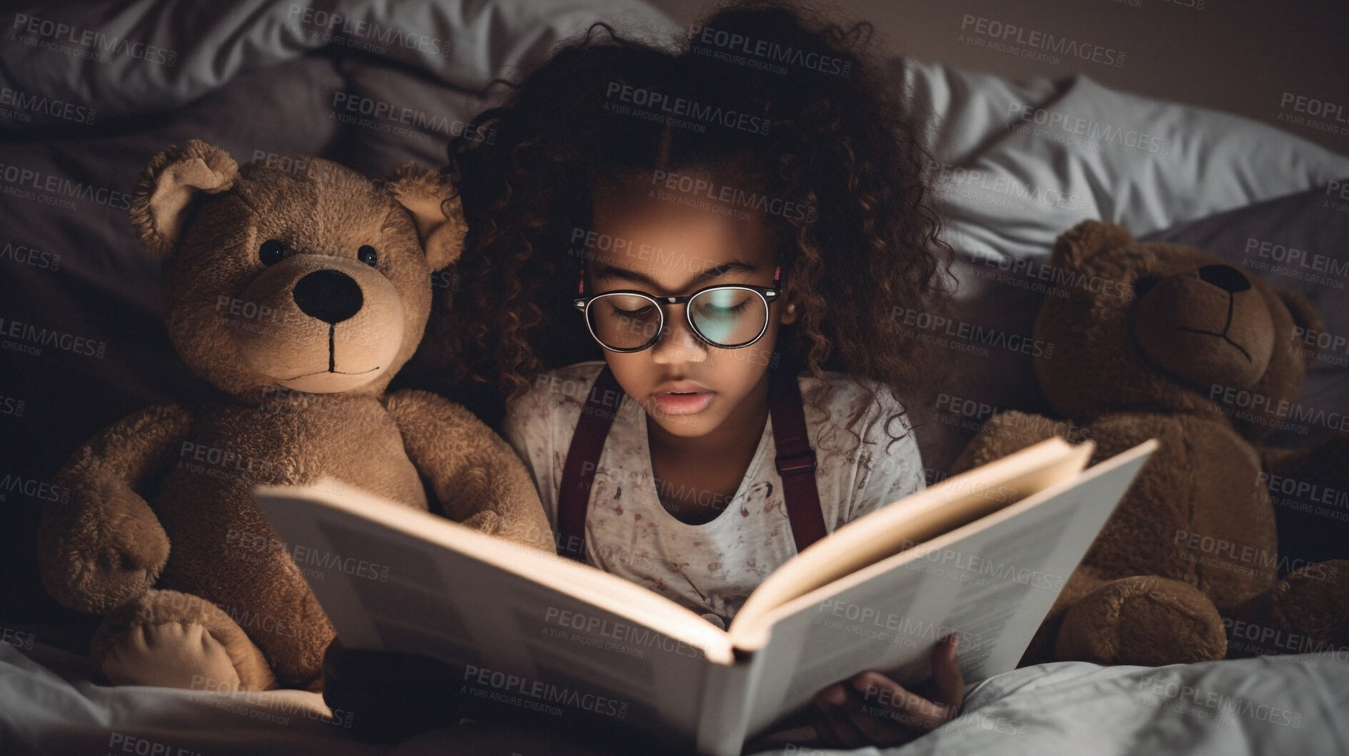 Buy stock photo Night, books and reading with girl in bedroom for storytelling, learning and relax. Ai generated, bedtime and teddy bear with black kid and fairytale at home for fantasy, education and development