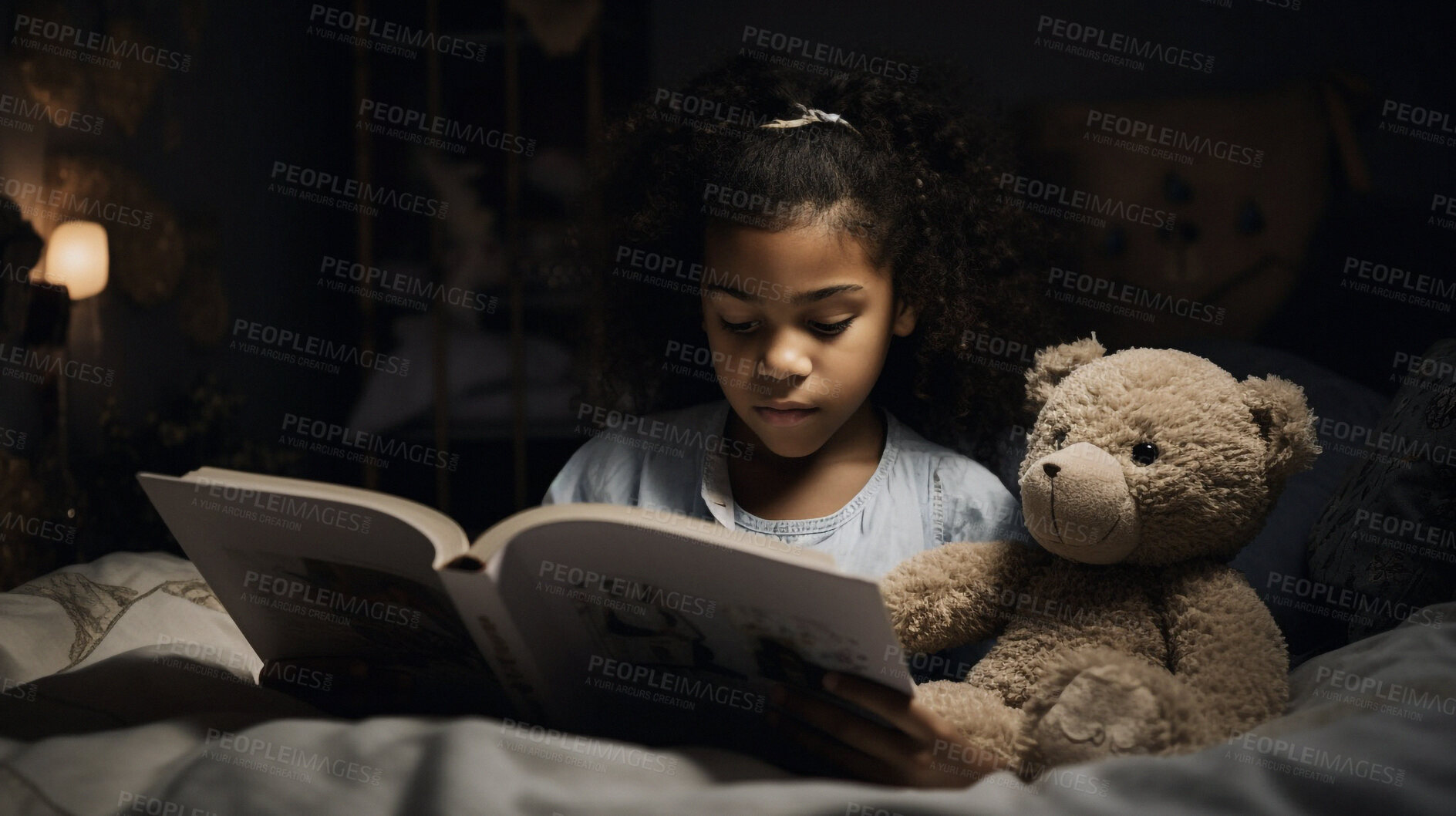 Buy stock photo Night, books and reading with child in bedroom for storytelling, learning and relax. Ai generated, bedtime and teddy bear with black kid and fairytale at home for fantasy, education and development