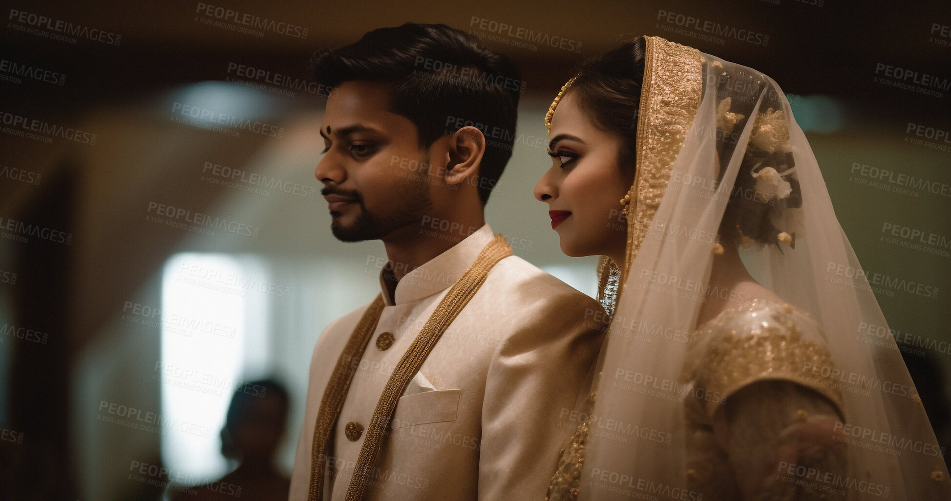 Buy stock photo Love, Indian and vow with couple at wedding for celebration, party and save the date event. Ai generated, marriage ceremony and promise with man and woman for future, romance and reception