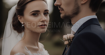 Love, portrait and bride couple at wedding for celebration, party and save the date event. Ai generated, marriage ceremony and promise with man and woman for future, romance and reception