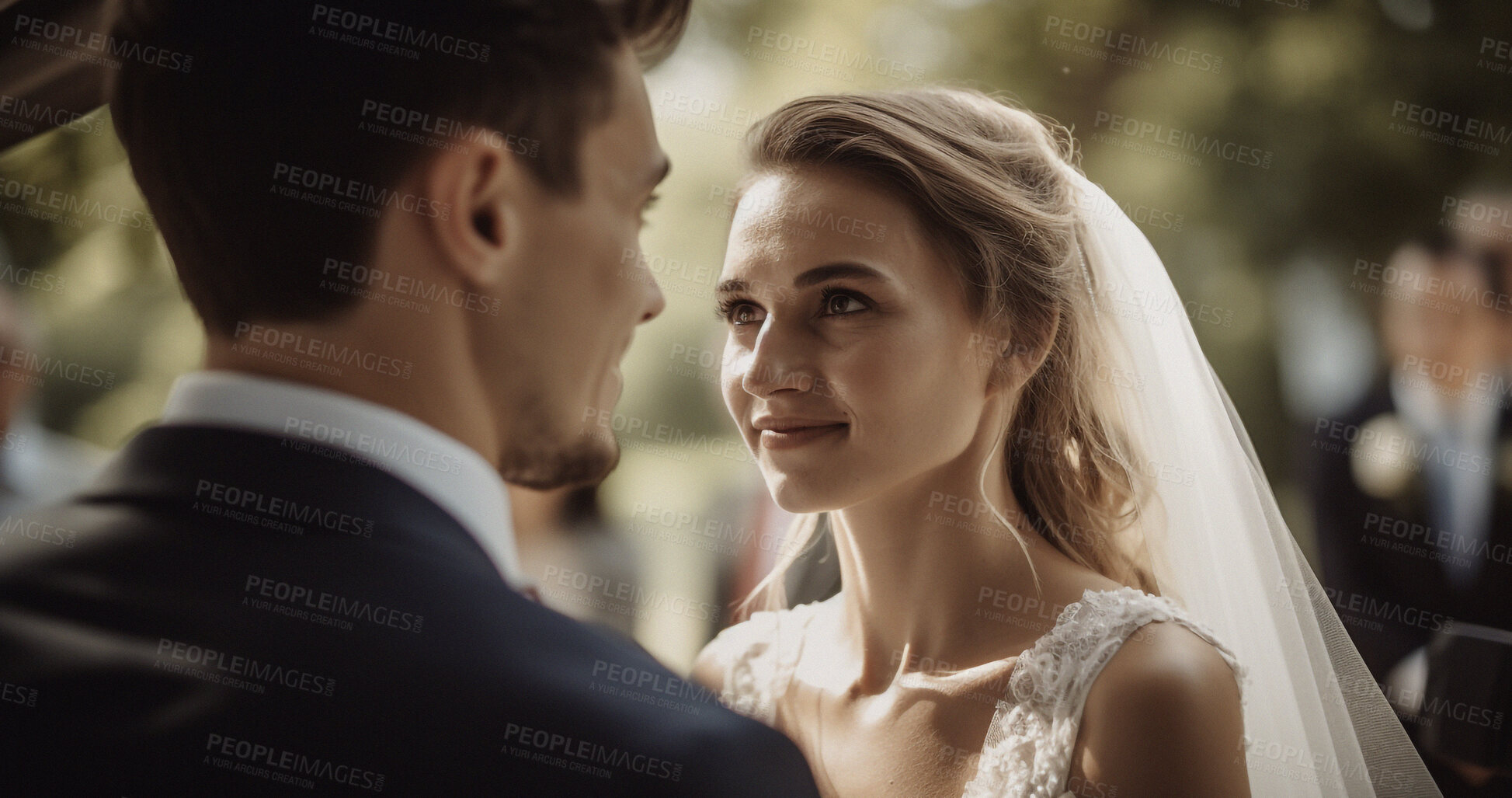 Buy stock photo Love, vows and happy with couple at wedding for celebration, party and save the date event. Ai generated, marriage ceremony and promise with man and woman for future, romance and reception
