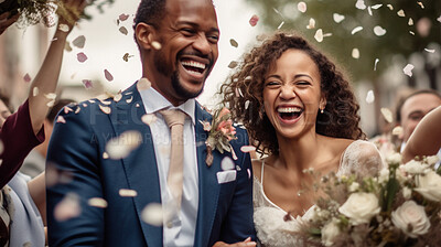 Love, confetti and wedding with black couple and flowers for celebration, party and save the date event. Ai generated, ceremony and happy with man and woman for marriage, romance and petals