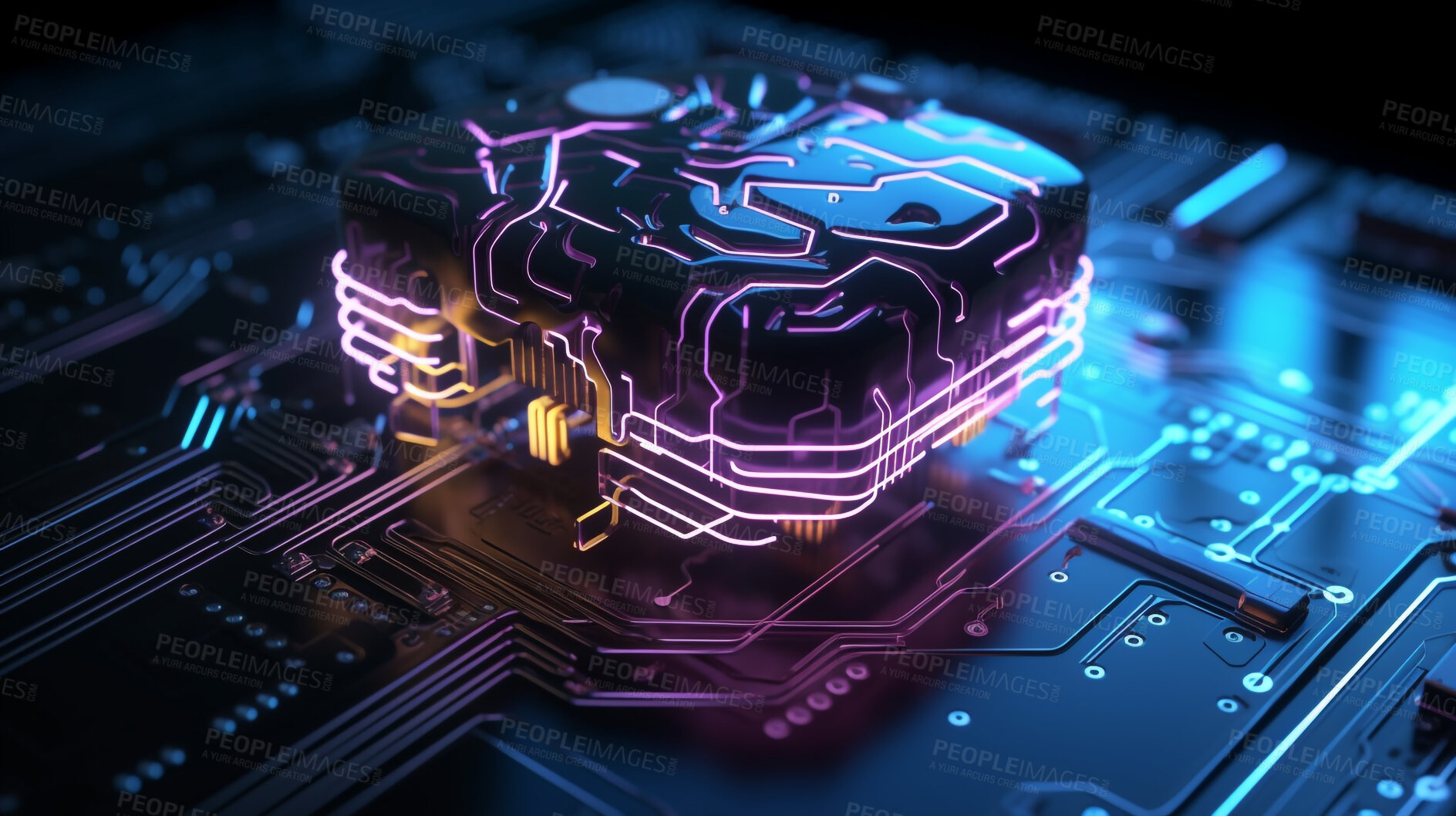 Buy stock photo Cybersecurity, closeup and neon circuit board for futuristic engineering, electrical and programming data. Ai generated, technology and hardware of motherboard chip for computer system and processor