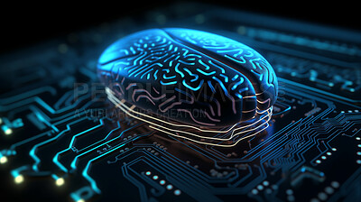 Artificial intelligence brain, cybersecurity or neon circuit board in big data, engineering, technology or programming. Ai generated, hardware or electrical motherboard chip for system and futuristic