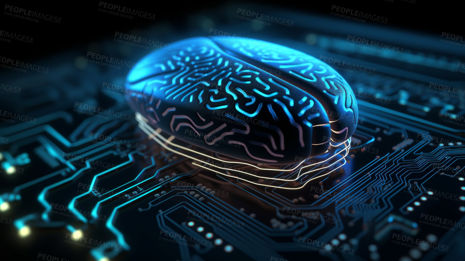 Buy stock photo Artificial intelligence brain, cybersecurity or neon circuit board in big data, engineering, technology or programming. Ai generated, hardware or electrical motherboard chip for system and futuristic