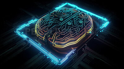 Big data, brain or technology of neon circuit board for future engineering, cybersecurity or programming. Ai generated, hardware and electrical motherboard chip for system and artificial intelligence