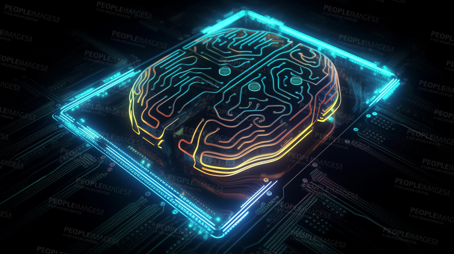 Buy stock photo Big data, brain or technology of neon circuit board for future engineering, cybersecurity or programming. Ai generated, hardware and electrical motherboard chip for system and artificial intelligence