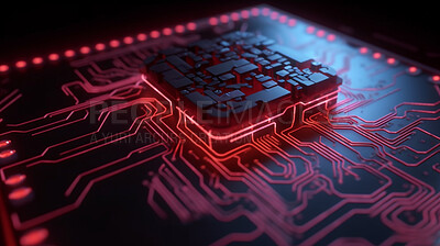 Closeup, red and circuit board hacking in engineering theft, cyber security scam and big data phishing. Ai generated, hack and motherboard with gdpr danger, neon and information protection virus