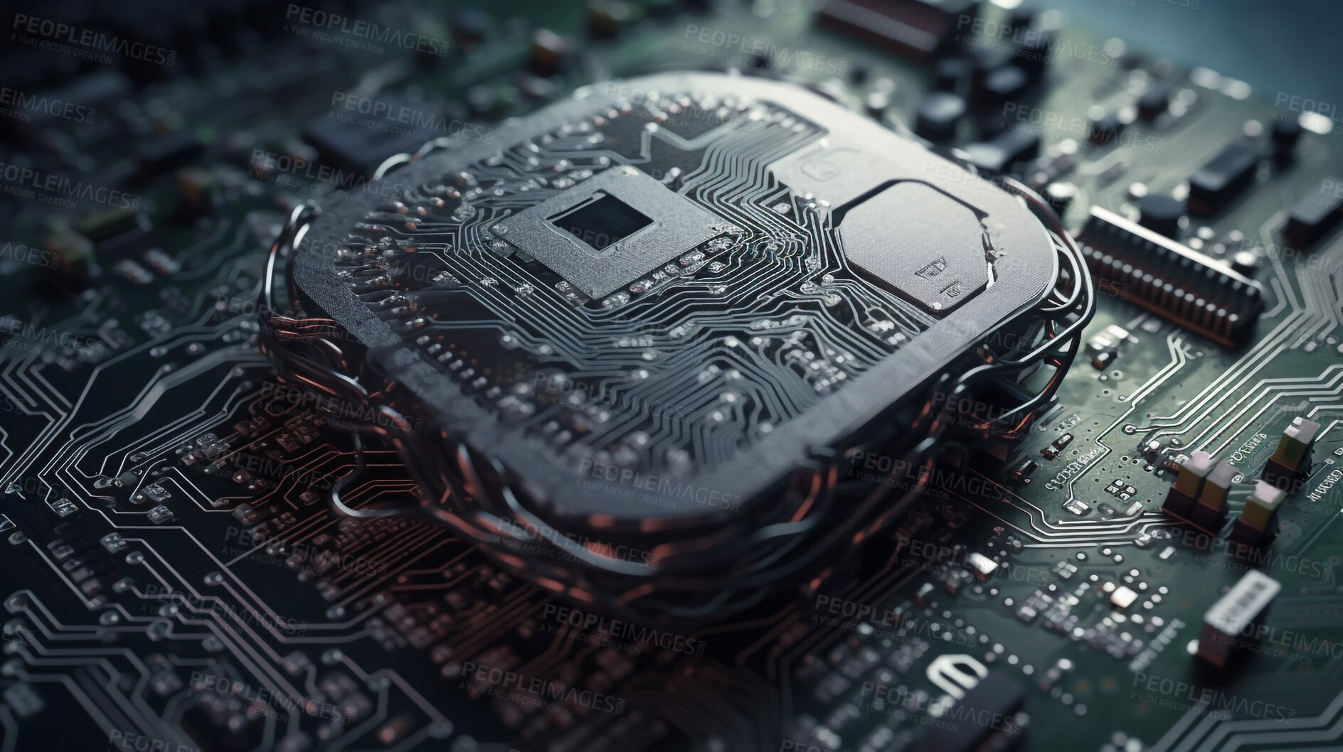 Buy stock photo Programming, electrical and technology with circuit board of future for engineering, cybersecurity and hardware. Ai generated, data and closeup of motherboard chip for computer system and processor