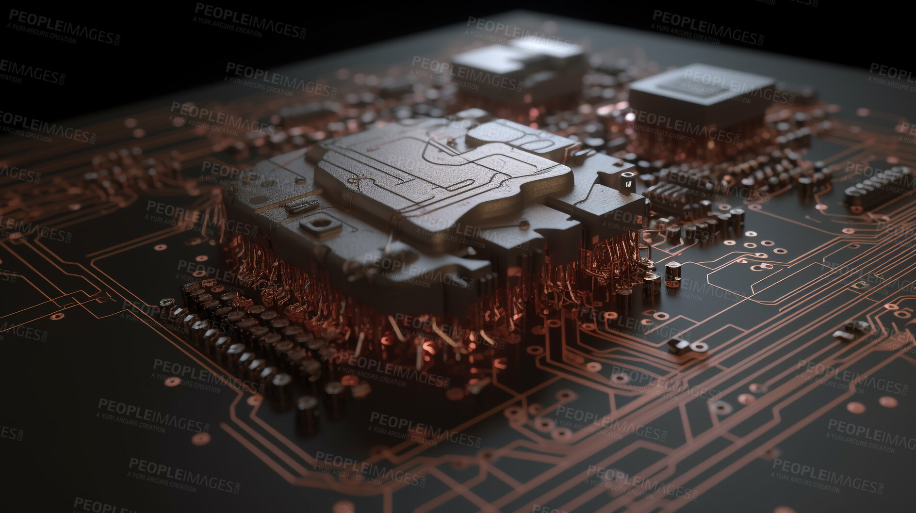 Buy stock photo Data, closeup and technology with circuit board of future for engineering, cybersecurity and programming. Ai generated, hardware and electrical motherboard chip for computer system and processor