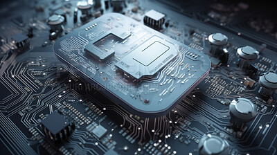 Hardware, electrical and technology with circuit board of future for engineering, cybersecurity and programming. Ai generated, data and closeup of motherboard chip for computer system and processor