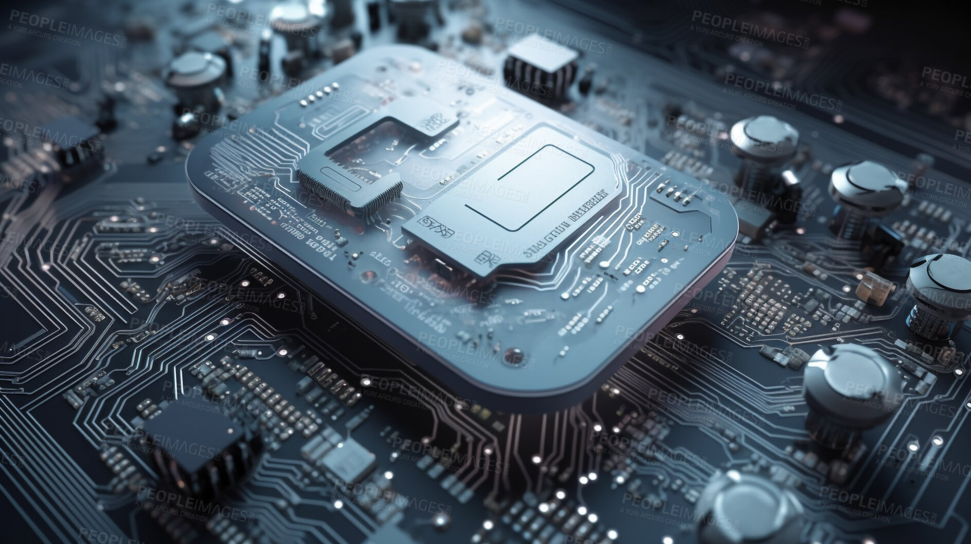 Buy stock photo Hardware, electrical and technology with circuit board of future for engineering, cybersecurity and programming. Ai generated, data and closeup of motherboard chip for computer system and processor