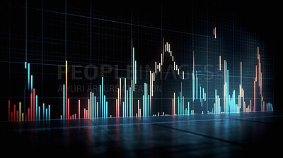 Graph, cryptocurrency and future hologram of stock market, financial chart and investment profit tracking. Ai generated, data and analysis on dark screen for investment, banking and forex trading