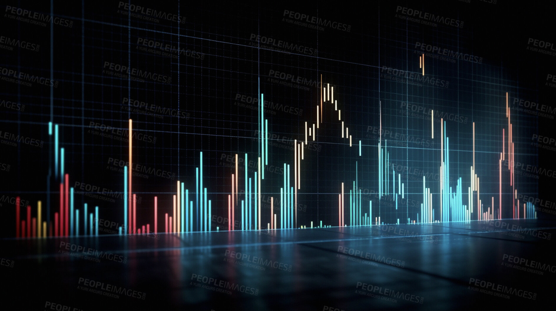 Buy stock photo Graph, cryptocurrency and future hologram of stock market, financial chart and investment profit tracking. Ai generated, data and analysis on dark screen for investment, banking and forex trading