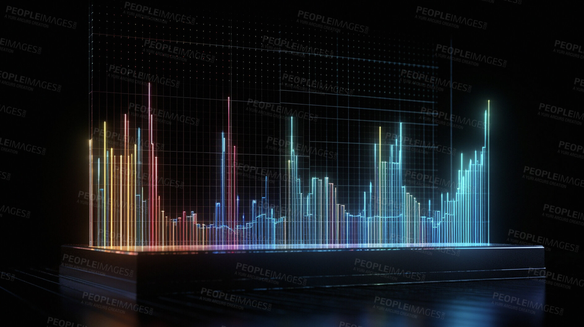 Buy stock photo Analysis, chart and screen hologram of stock market, financial management and investment profit tracking. Ai generated, data and graph on futuristic cryptocurrency, banking and night forex trading