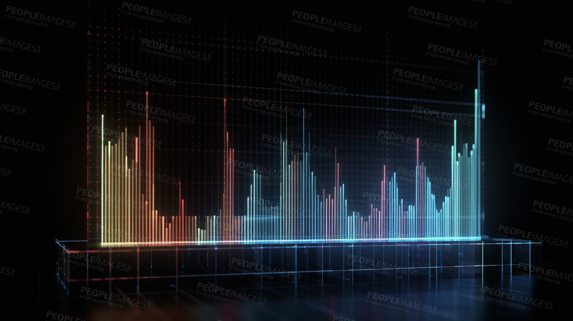 Buy stock photo Graph, financial and screen hologram of stock market, chart management and investment profit tracking. Ai generated, data and analysis on futuristic cryptocurrency, banking and late forex trading