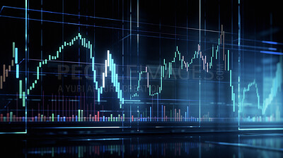 Graph, chart and future hologram of stock market, financial management and investment profit tracking. Ai generated, data and analysis on dark screen for cryptocurrency, banking and forex trading