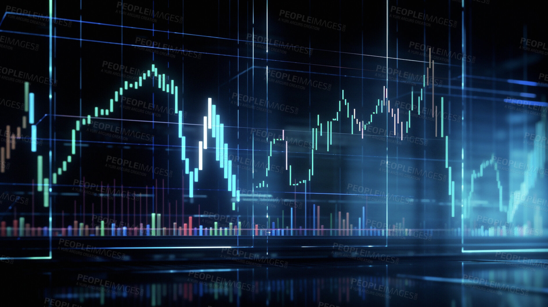 Buy stock photo Graph, chart and future hologram of stock market, financial management and investment profit tracking. Ai generated, data and analysis on dark screen for cryptocurrency, banking and forex trading