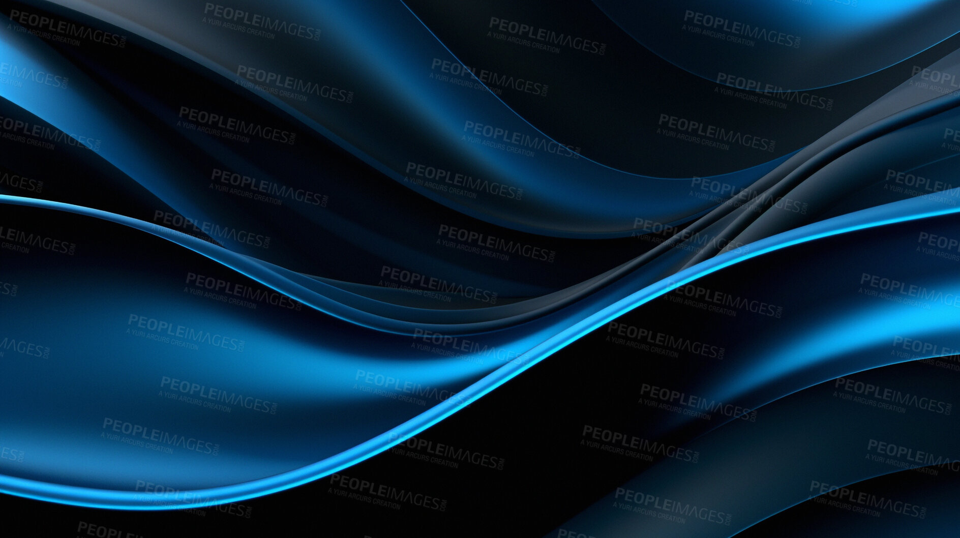 Buy stock photo Closeup, banner and blue line art on background for motion, deco and creative movement design. Ai generated, banner and curve dynamic effect for website display flow, frequency and waves texture