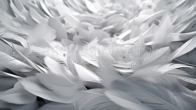 Buy stock photo Closeup, white and feather background for peace, calm and spirituality for God, religion and hope. Ai generated, feathers and bird plumage for creative banner, texture or detail space for angel faith