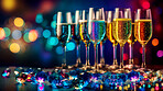 Closeup, champagne in glass with crystal in restaurant, night club and event for celebration, new year and party. Ai generated, drink or luxury bubble beverage on table isolated on bokeh mockup space