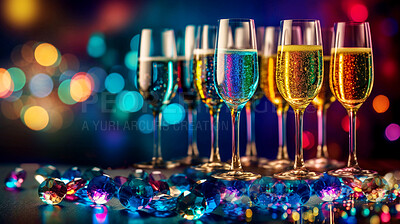 Closeup, champagne in glass with crystal in restaurant, night club and event for celebration, new year and party. Ai generated, drink or luxury bubble beverage on table isolated on bokeh mockup space