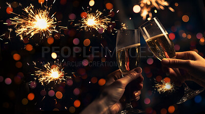 Closeup, champagne or alcohol glass with toast in party, restaurant and night club for celebration, new year and sparkler event. Ai generated, drink or people with bubble beverage on bokeh space