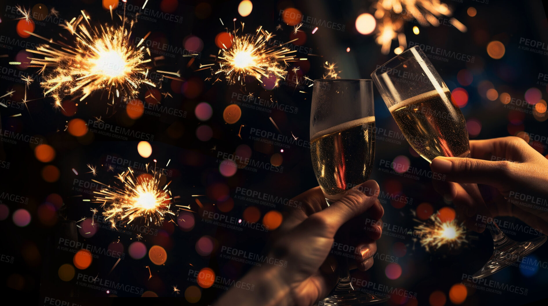 Buy stock photo Closeup, champagne or alcohol glass with toast in party, restaurant and night club for celebration, new year and sparkler event. Ai generated, drink or people with bubble beverage on bokeh space