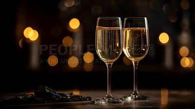 Closeup, champagne or alcohol glass in restaurant, night club and party for celebration, new year and late event. Ai generated, drink or luxury bubble beverage on table isolated on bokeh mockup space