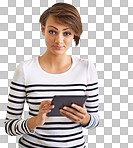 PNG of a cropped portrait of a beautiful young woman holding a tabletisolated on a transparent PNG background