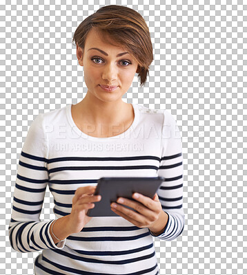 Buy stock photo Tablet, portrait and young business woman in creative career for web design, social media and Web 3.0 marketing. Happy face of person or worker on digital tech isolated on transparent, png background