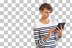 PNG of a cropped portrait of a beautiful young woman holding a tabletisolated on a transparent PNG background