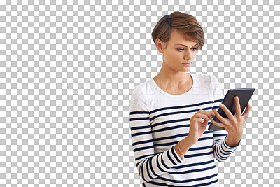 Buy stock photo Tablet, reading and young woman or student on social media or university website isolated on transparent png background. Digital, search or person typing, e learning platform or education information