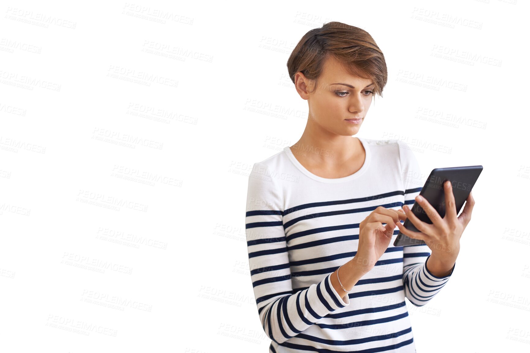 Buy stock photo Tablet, reading and young woman or student on social media or university website isolated on transparent png background. Digital, search or person typing, e learning platform or education information