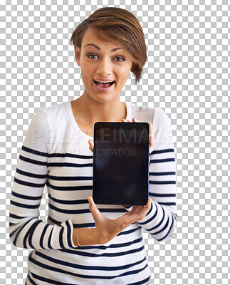 Buy stock photo Tablet, mockup and portrait of woman, wow and advertising isolated on transparent, png background in web design. Happy person or online user with digital technology, news or discount space on screen