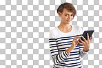 PNG of a cropped portrait of a beautiful young woman holding a tabletisolated on a transparent PNG background