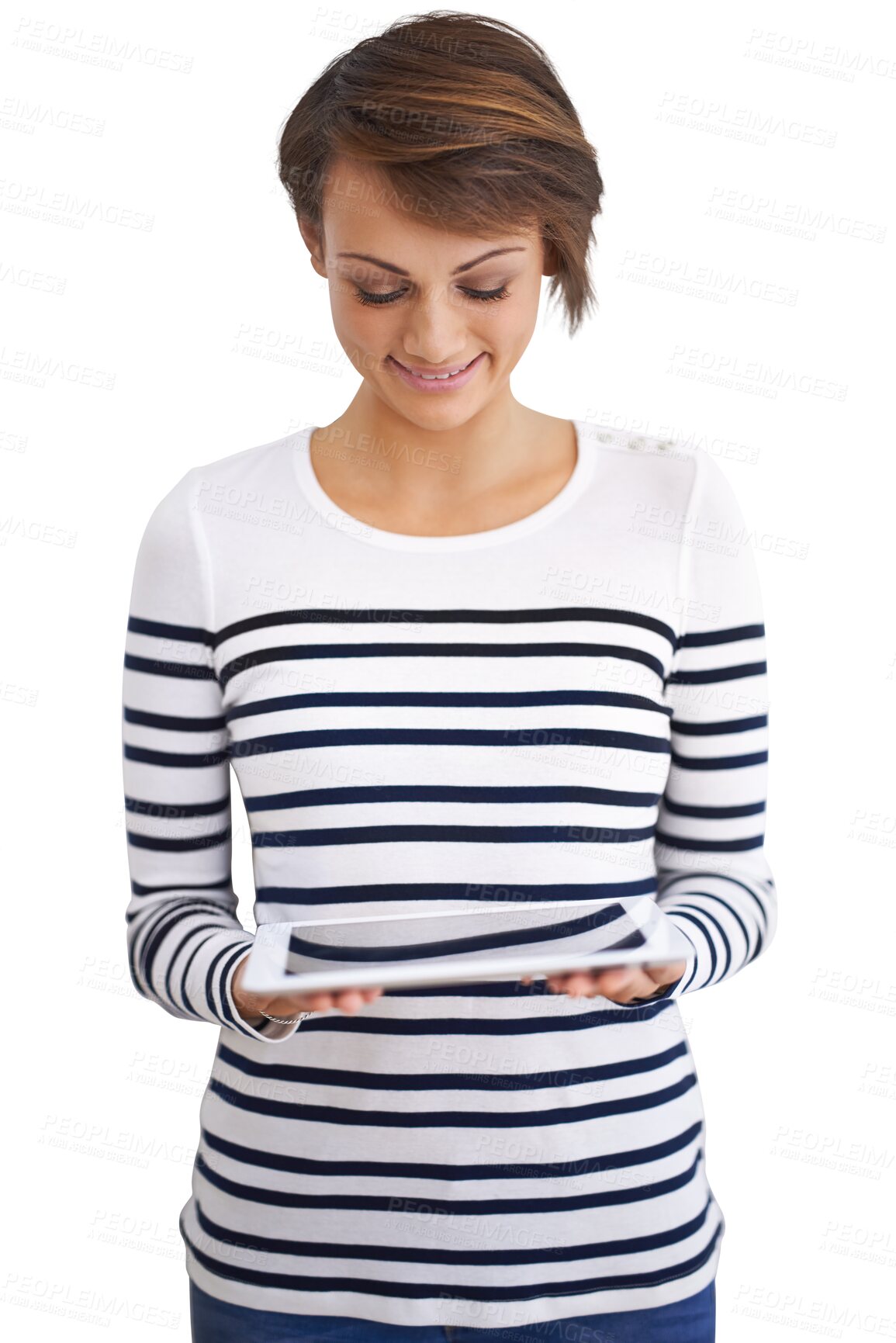 Buy stock photo Tablet, reading and happy young woman of news, social media or e learning application isolated on transparent png background. Student or person check college or university website with digital tech