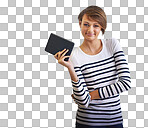 PNG of a cropped portrait of a beautiful young woman holding a tabletisolated on a transparent PNG background