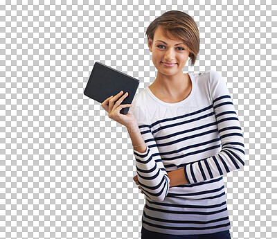 Buy stock photo Tablet screen, digital and mockup with portrait of woman on transparent background for social media, internet or networking. App, website and online with face of person isolated on png for technology