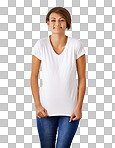 PNG of a portrait of a beautiful young woman showing copyspace on her t-shirtisolated on a transparent PNG background