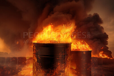 Smoke, disaster and danger with fire in container for destruction, fossil fuel and climate change. Explosion, gasoline and ai generated with burning cylinder for energy, flame and global warming