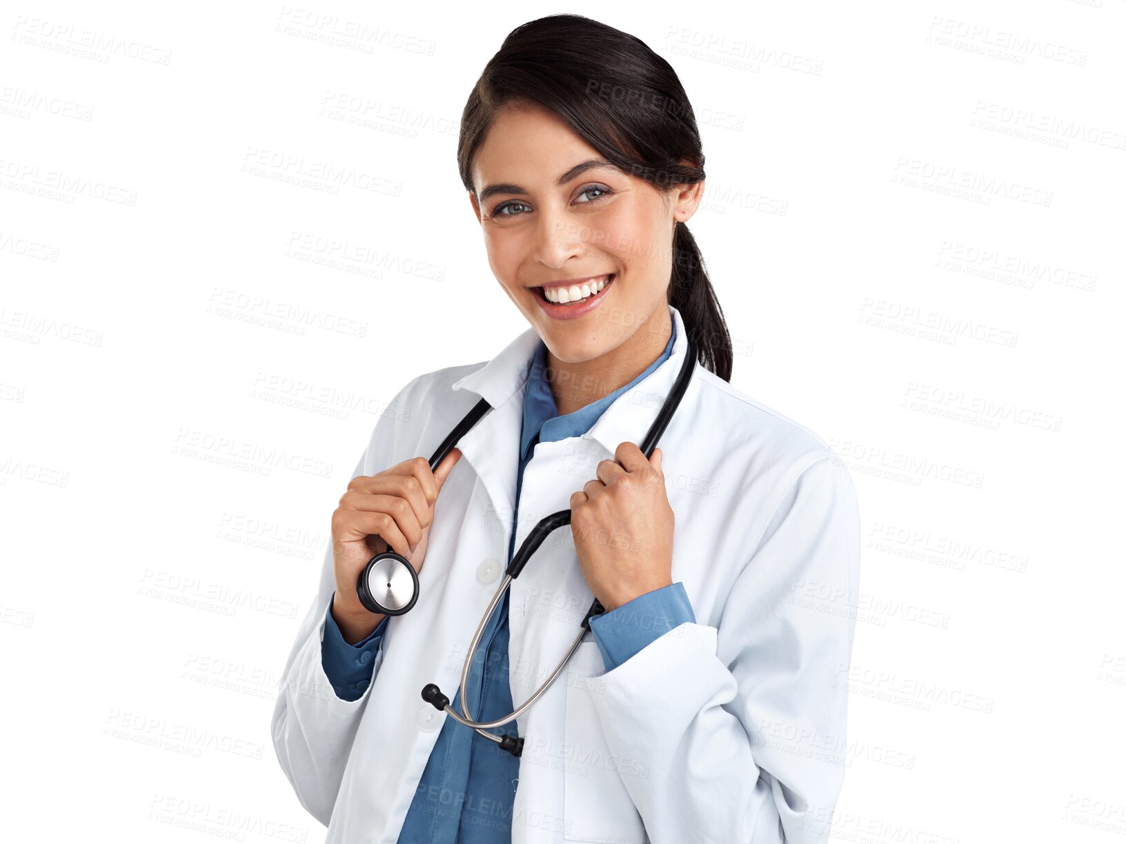 Buy stock photo Portrait, woman and doctor with a smile, healthcare and employee isolated against a transparent background. Face, female person or medical professional with happiness, career and stethoscope with png