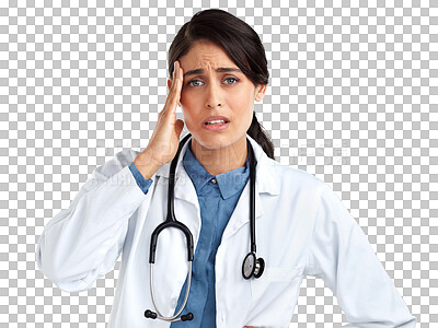 Buy stock photo Stress, doctor and headache with portrait of woman on transparent background for thinking, mental health and anxiety. Medical, healthcare and medicine with person isolated on png for sad and mistake