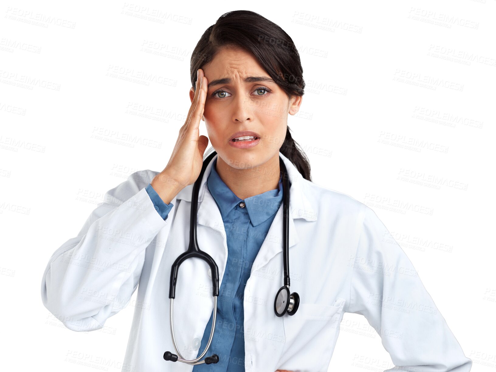 Buy stock photo Stress, doctor and headache with portrait of woman on transparent background for thinking, mental health and anxiety. Medical, healthcare and medicine with person isolated on png for sad and mistake