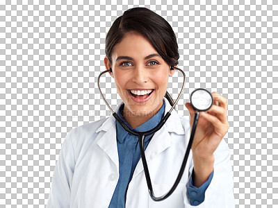 Buy stock photo Portrait, excited woman and doctor with stethoscope isolated on a transparent png background. Face, phonendoscope and happy medical professional with instrument for heartbeat, cardiology and health.