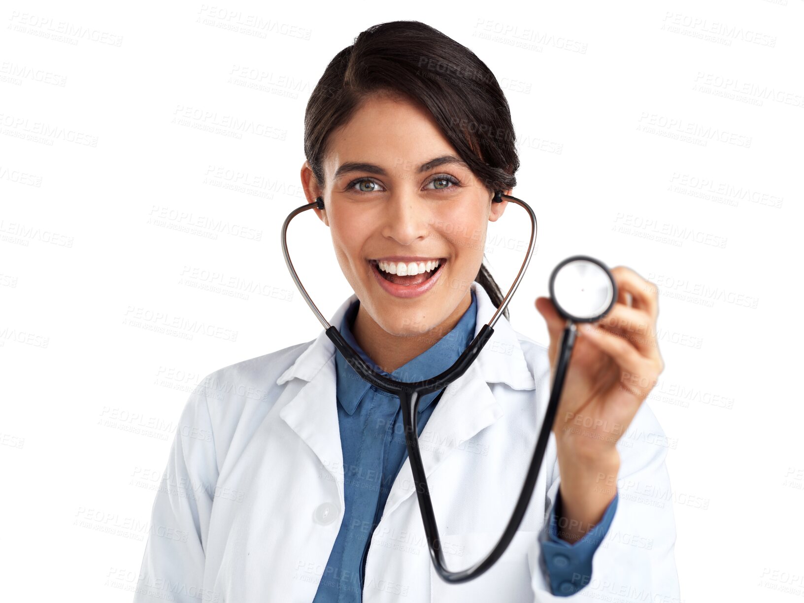 Buy stock photo Portrait, excited woman and doctor with stethoscope isolated on a transparent png background. Face, phonendoscope and happy medical professional with instrument for heartbeat, cardiology and health.