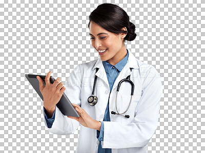 Buy stock photo Happy, doctor and a woman with a tablet and internet on transparent background for medical research. Healthcare, medicine and technology with person isolated on png for online information or results